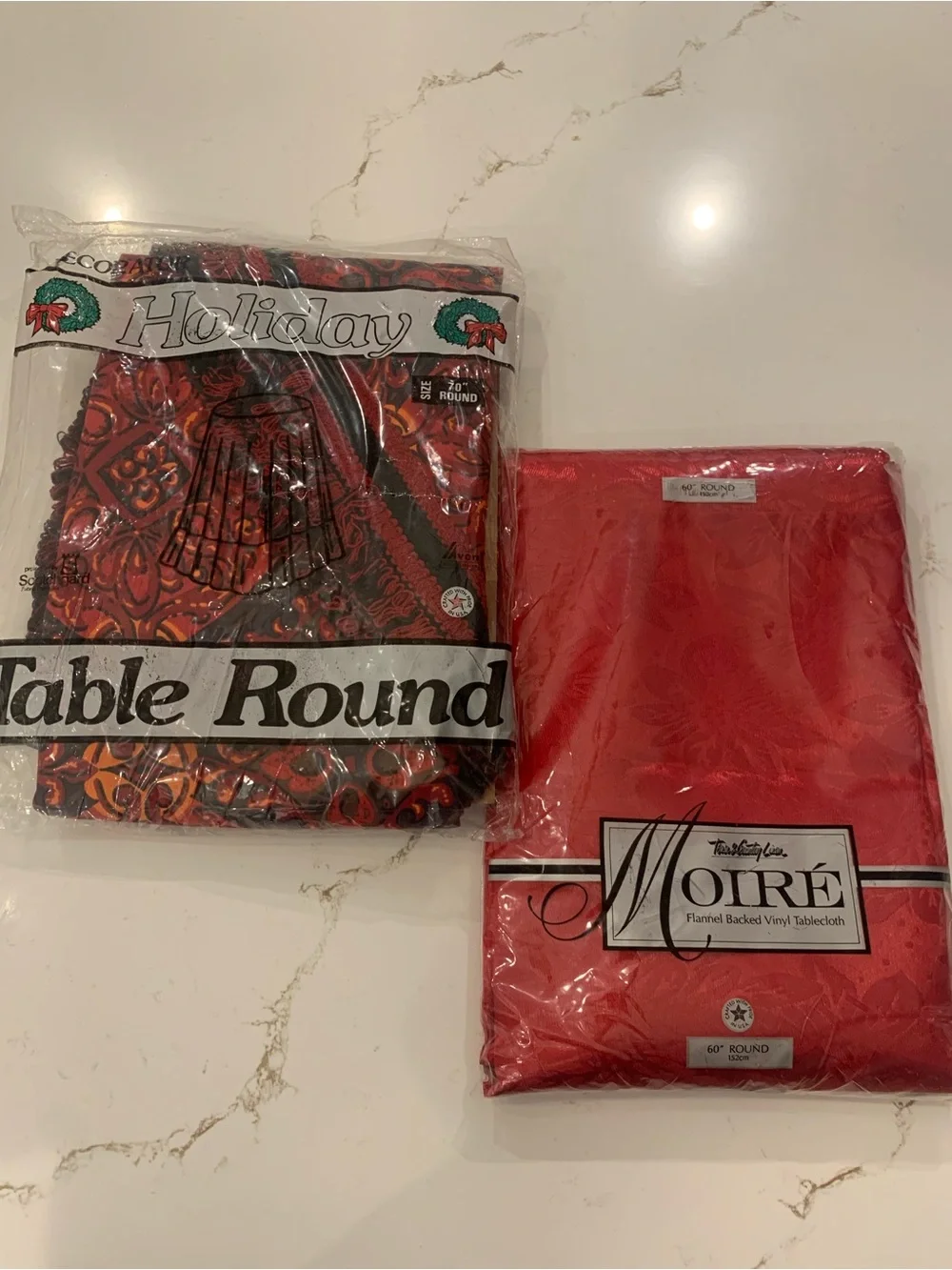 Vintage Holiday Table Cloths Set Of (2) 60” - 70” Round Red & Multicolored NEW